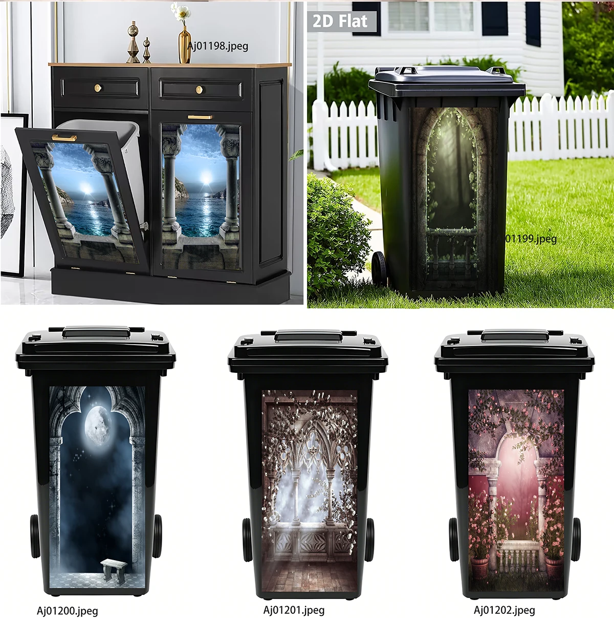 Dreamy Moon Flower Garden Trash Can Sticker Waterproof Self Adhesive Tear Resistant Wheel Bin Decal Outdoor Home Landscape Decor