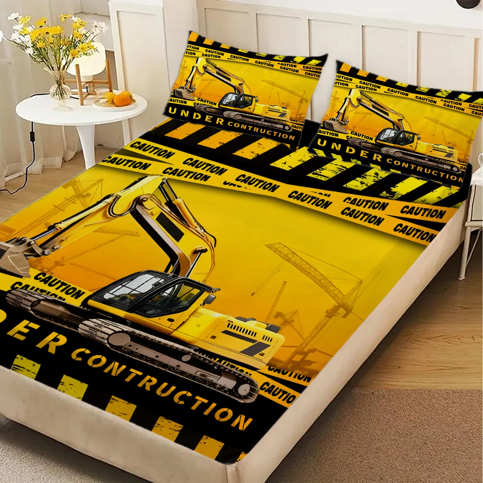 1 Excavator Pattern digital printed frosted Fitted Sheet,bedroom printed bed cover,bedding(No pillowcase)