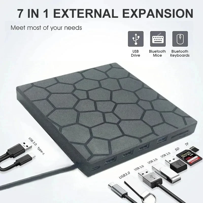 

7-в-1 USB3.0 Type-C Внешний мобильный привод с записью компакт-дисков/DVD Тонкий Plug-and-Play для Windows 11/10/8/7/Linux OS Поддержка