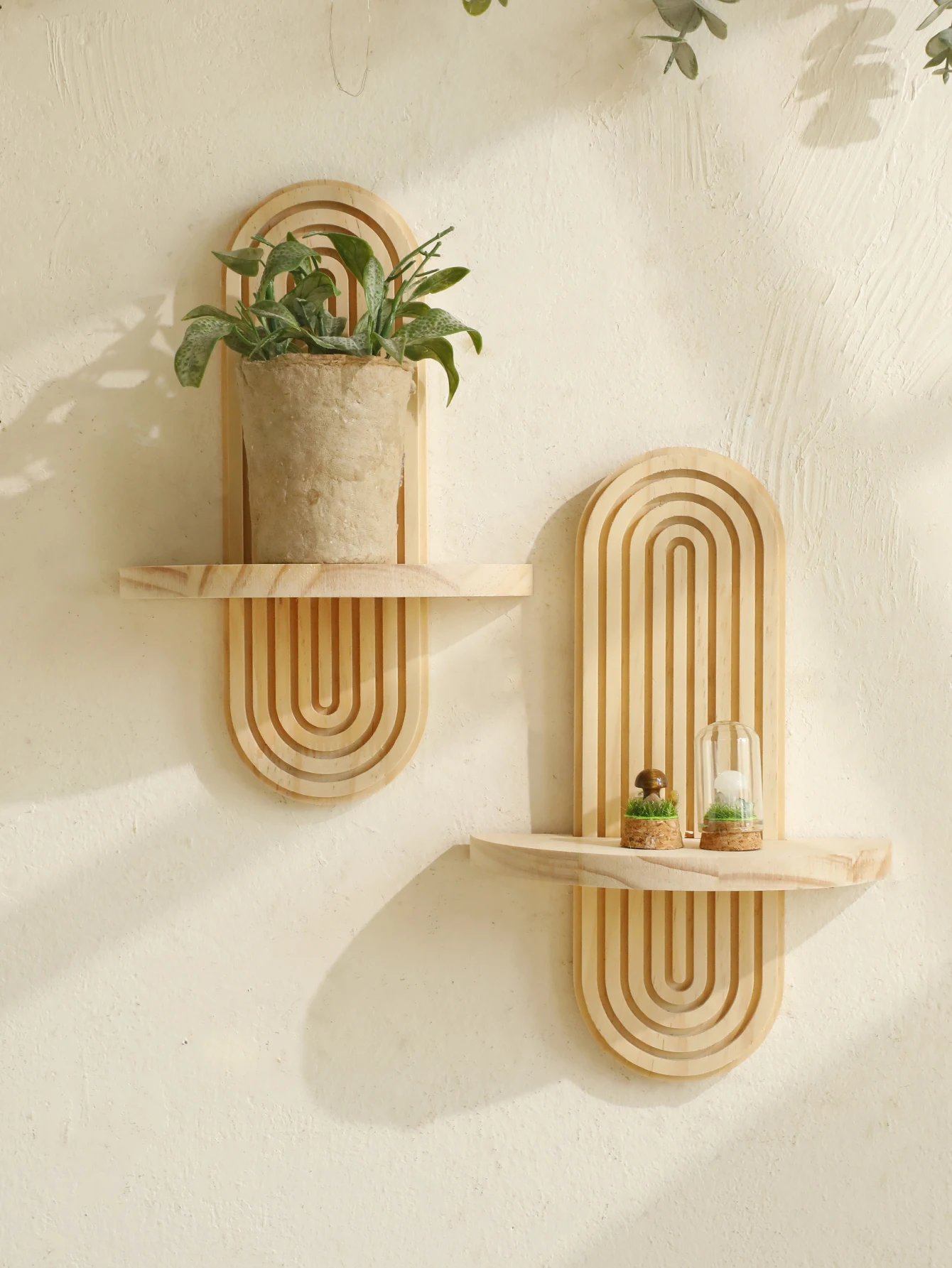 1Pc Boho Style Wooden Wall Shelves - Geometric Wall Mounted Shelves, Natural Wood Finish, Modern Home Decor, Plant Decorative