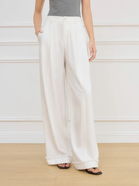 FSLE Women Beige Commuter Long Trousers Pleated Design All-Match High Waist Wide Leg Casual Pants Spring Trouser 25FS11049