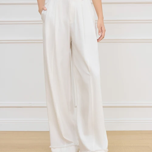 FSLE 여성용 통근 긴 바지, 플리츠 디자인, 올매치 하이웨이스트 와이드 레그 캐주얼 바지, 용수철 바지, 베이지, 25FS11049 