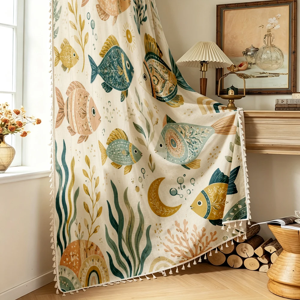 1PC Farmhouse Tassel Sheer Curtains, Fish and Moon, Digital Print, Linen Polyester, for Bedroom Living Room Window, Room Decor