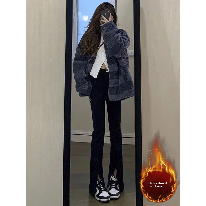 

Slimming Fce Lined Elastic Slit Jeans plus Size Women's High Waist Long Pants Flared Denim Bla for Young Women 8-24