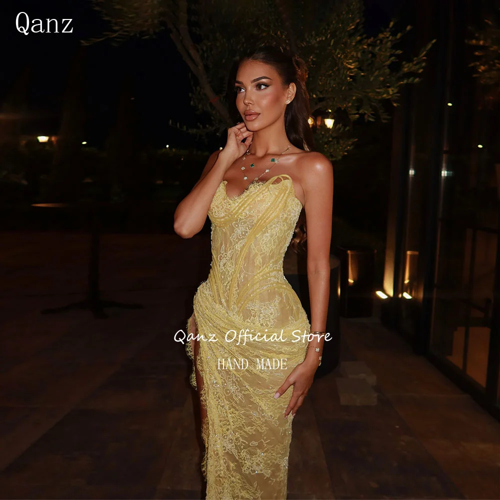 

Qanz Luxury Yellow Prom Dresses Full Lace Appliques Glitter Mermaid Vestidos De Fiesta Mujer High Slit Evening Dress Customized