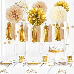 8Pcs Gold Khaki Beige Wedding Party Decorations Paper Pom Poms Dots Garland Tassel Decor for Anniversary Birthday Party Supplies