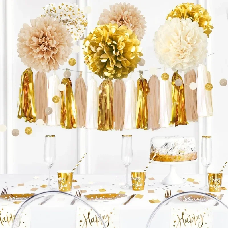 8Pcs Gold Khaki Beige Wedding Party Decorations Paper Pom Poms Dots Garland Tassel Decor for Anniversary Birthday Party Supplies