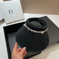 Luxury Rhinestone Sunscreen Summer Hats for Women Shining Sequins Empty Top Straw Hat Big Brim UV Protection Beach Sunshade Cap