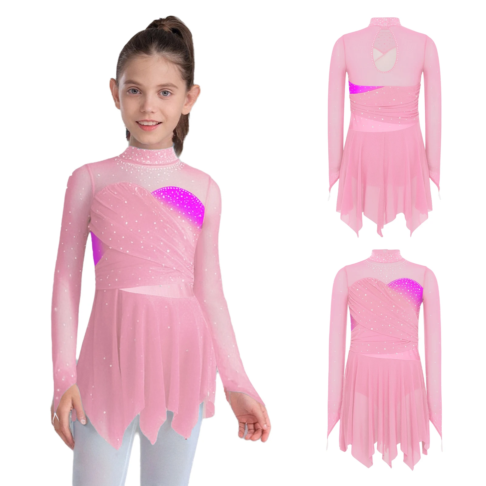 

Детский костюм для фигурного катания для девочек, лирический танцевальный костюм с длинными рукавами, блестящие стразы, сетчатое платье для художественной гимнастики, балета