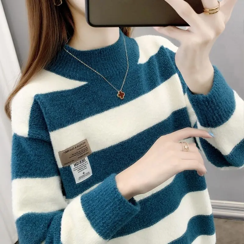 

New Half-High-Necked Mink Velvet Sweater Women's 2023 Autumn Winter Striped Thick Warm Knit Sweater Female Loose Bottoming Tops