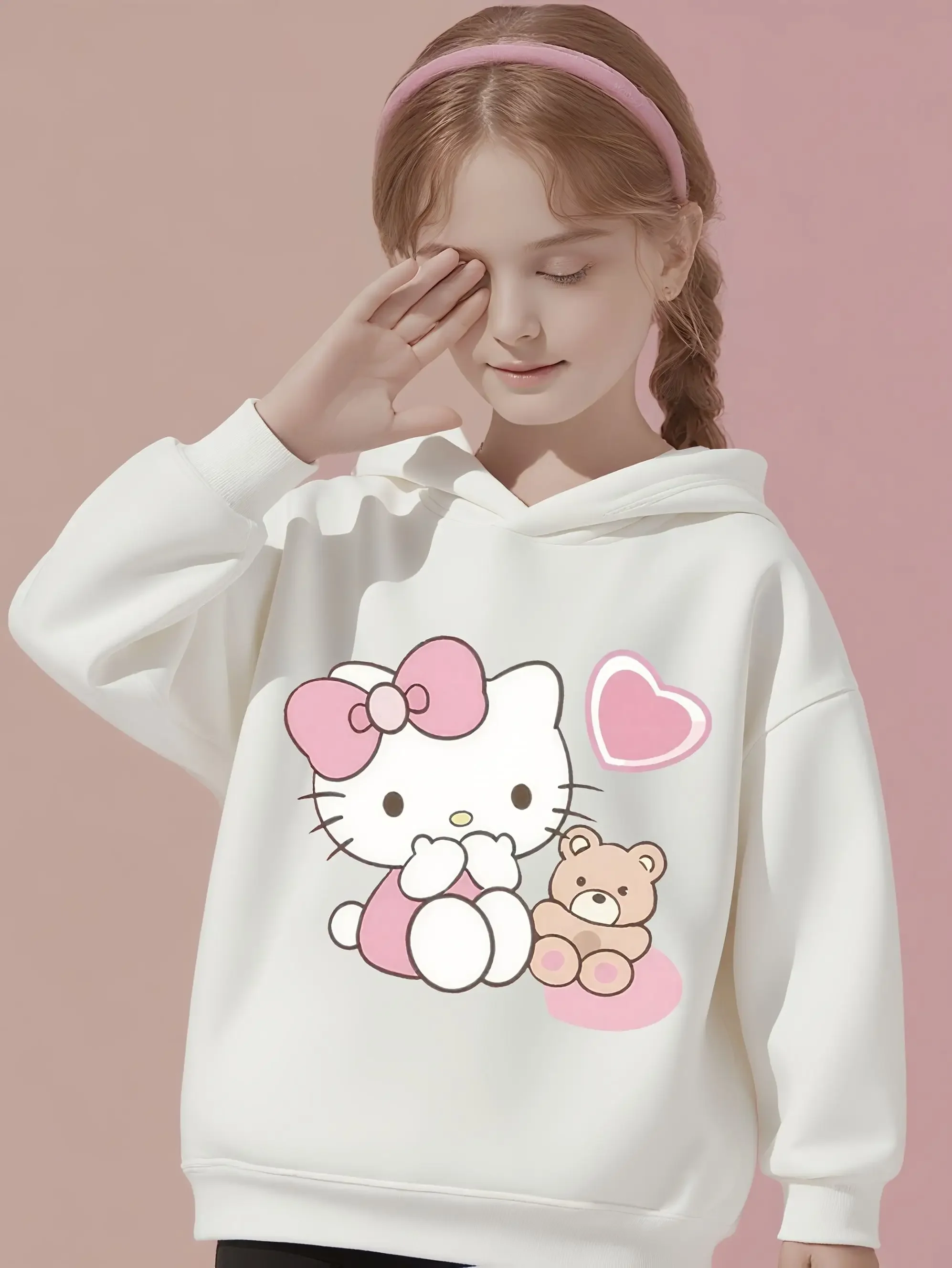 Sanrio Girls Fashion Hello Kitty Print Hoodie Children's Autumn and Winter Outdoor Casual Sweatshirt Ideal Gift for Children