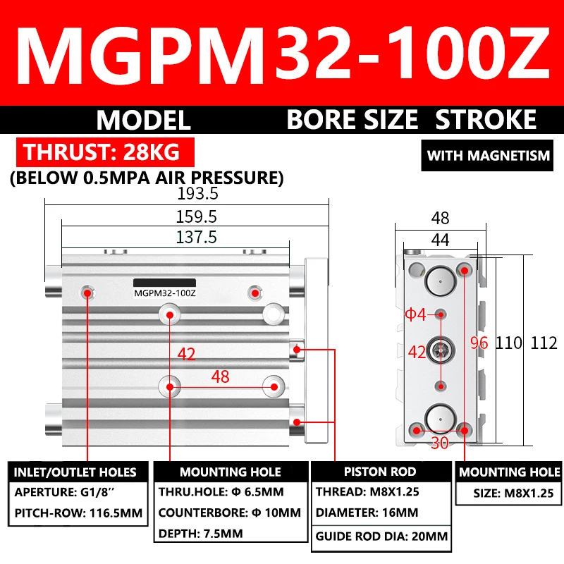 ABILKEEN MGPM32-100Z MGPM Pneumatic Compact Guide Air Cylinder 32MM Bore X 100MM Stroke Three Axis Three Rod Air Cylinder
