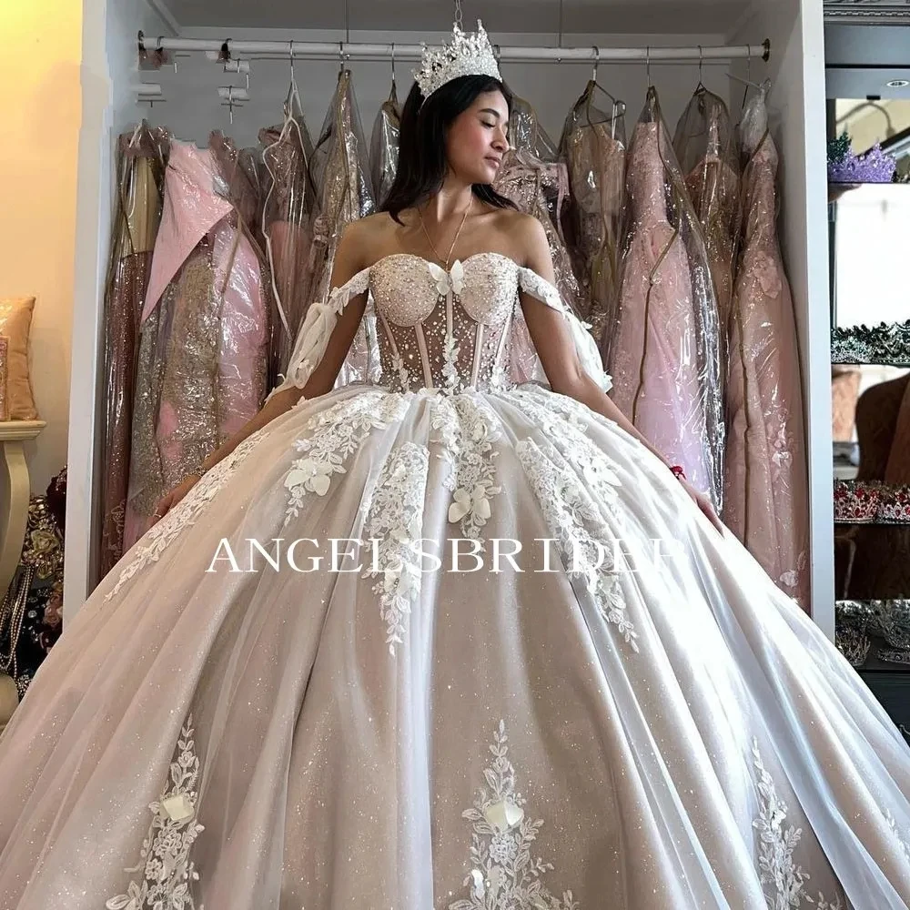 Angelsbridep 2023 Hot Quinceanera abiti Ball Gown Off spalla Appliques corsetto di pizzo Vestidos De quinceasenera