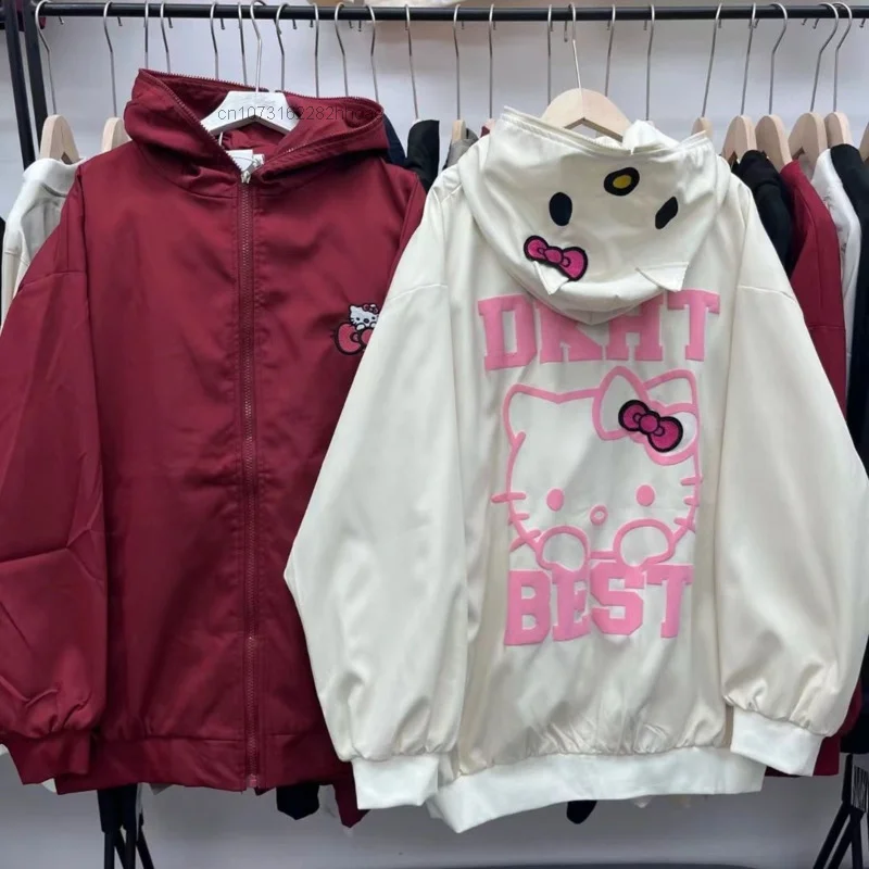 Sanrio Hello Kitty Cardigan Hooded Jacket Top Women's Autumn Fall New Loose Design Hip Hop Trend Zip Up Hoodie Yk2 Sweatshirt