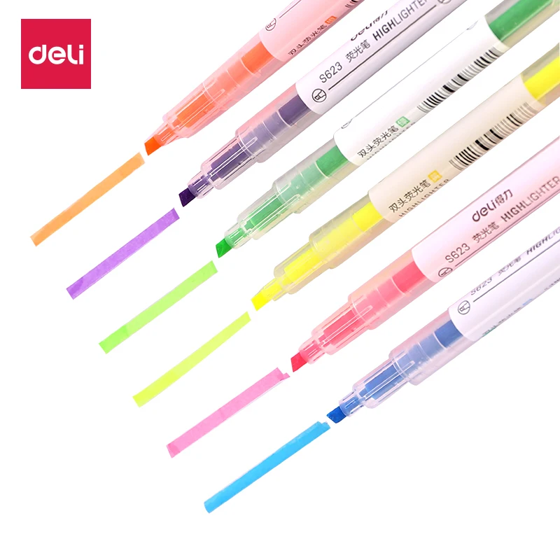 Canetas Marca-Texto Deli S627, 6 Cores por Caixa, Marcadores Fluorescentes Nite Writer, Atacado, 6 Peças por Caixa