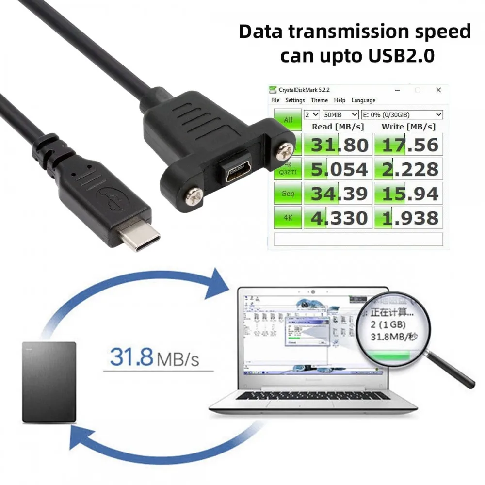 480Mbps USB2.0 Mini 5Pin Female to Type-C USB-C Male Power Cable  Data with Panel Mount Holes 30cm