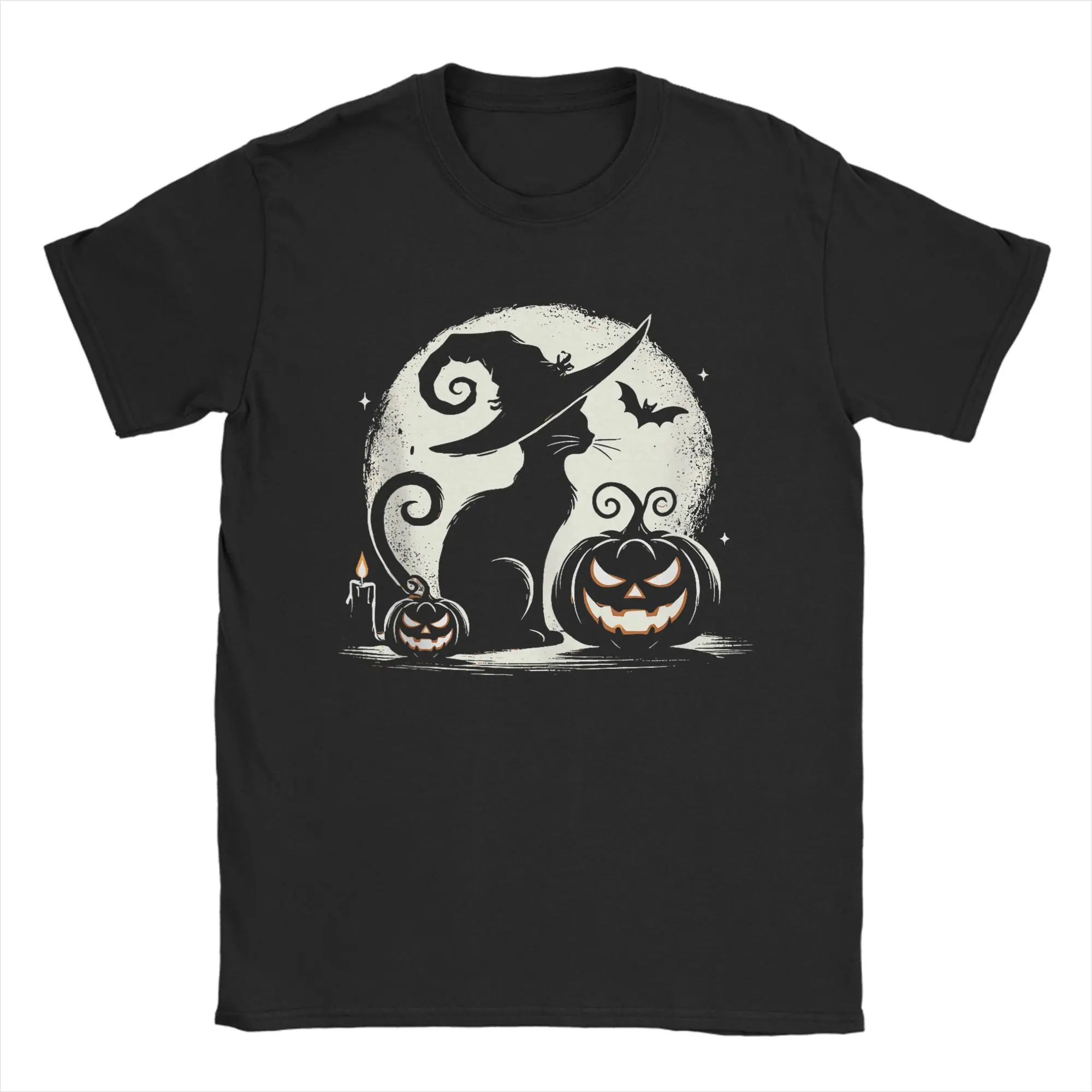 

Black Cat Halloween Cat Lovers T-Shirts for Men Vintage Pure Cotton Tees Round Neck Short Sleeve T Shirts Plus Size Tops