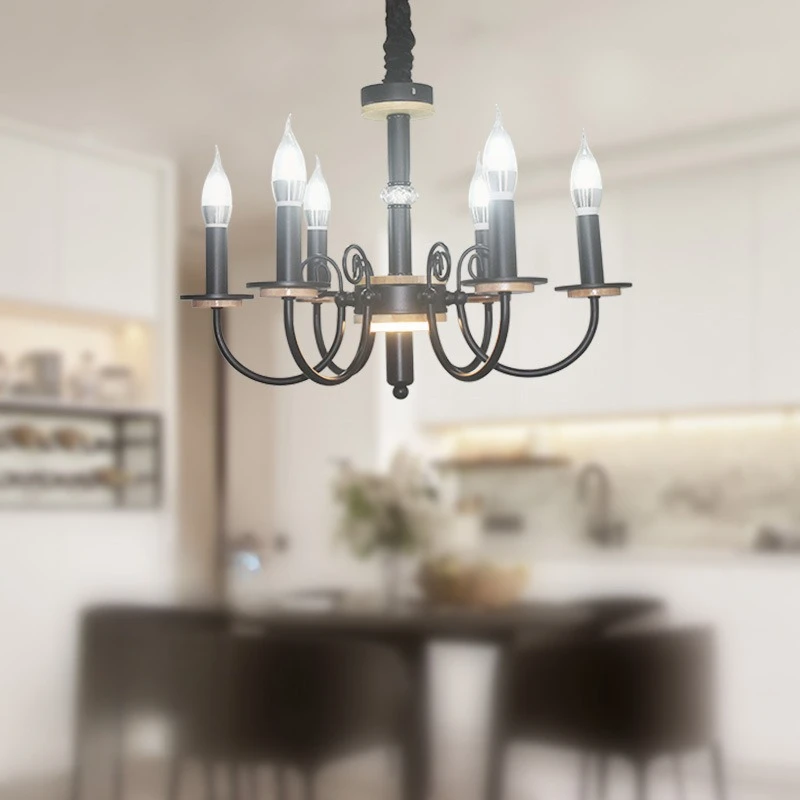 European style pendant lamp, wrought iron candle, living room lamp, simple and personalized retro black study lamp, dining room