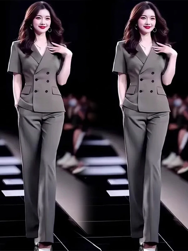 ชุดสูทแฟชั่นสำหรับผู้หญิง ชุดทำงานฤดูร้อนใหม่ เสื้อครอปแขนสั้น กางเกงขายาวทรงตรง ชุดเซ็ตสองชิ้น