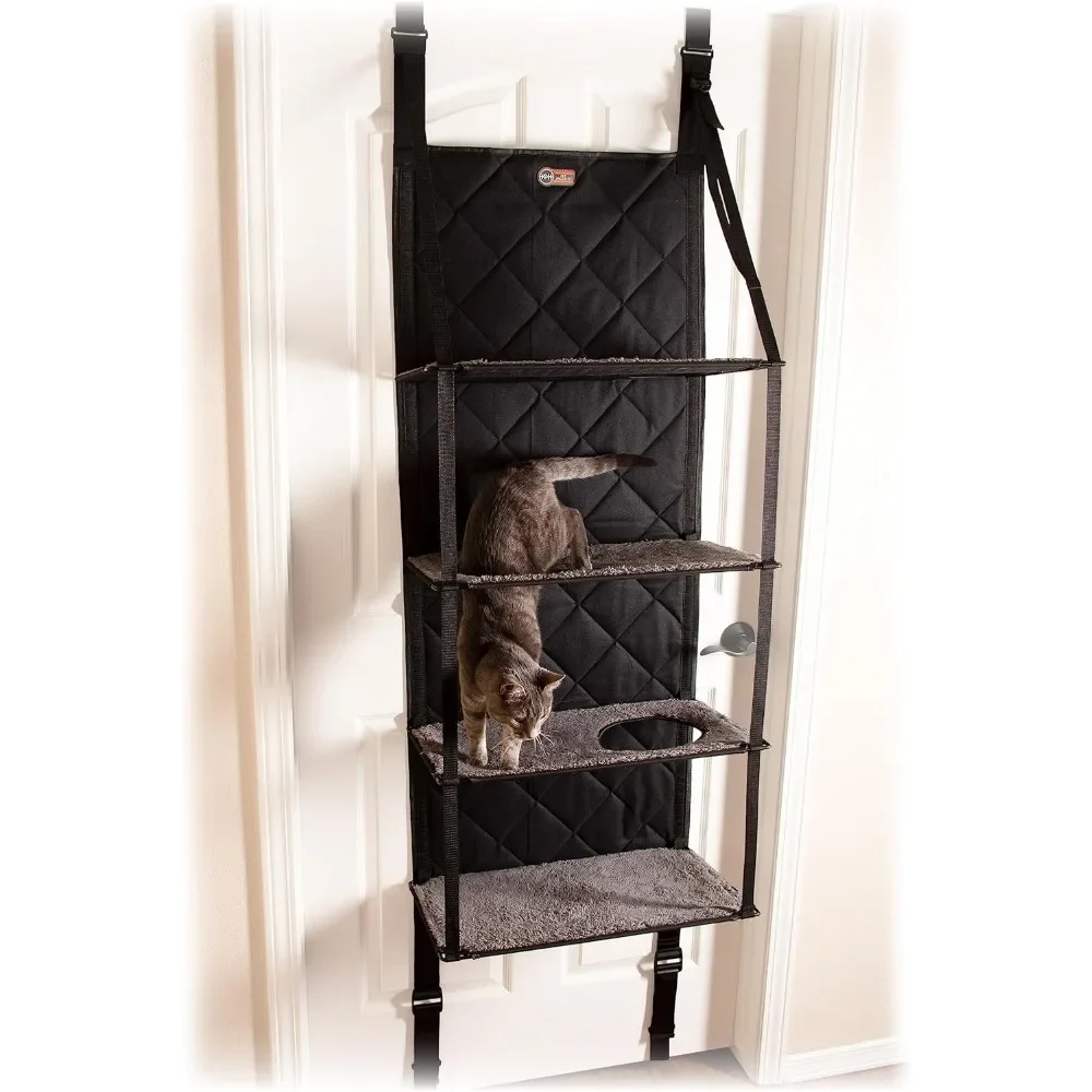 

Space-Saving Gray Wall-Mounted Cat Tree, Multi-Level Perch, Hammock Bed, Tool-Free For Doors Under 80"