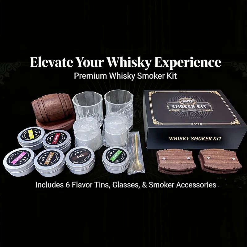 Cocktail Smoker Kit Barrel‑Shaped Wooden Smoke Hood With 6 Flavors Wood Chips For Old Fashioned Bourbon Whiskey Home Bar Tools