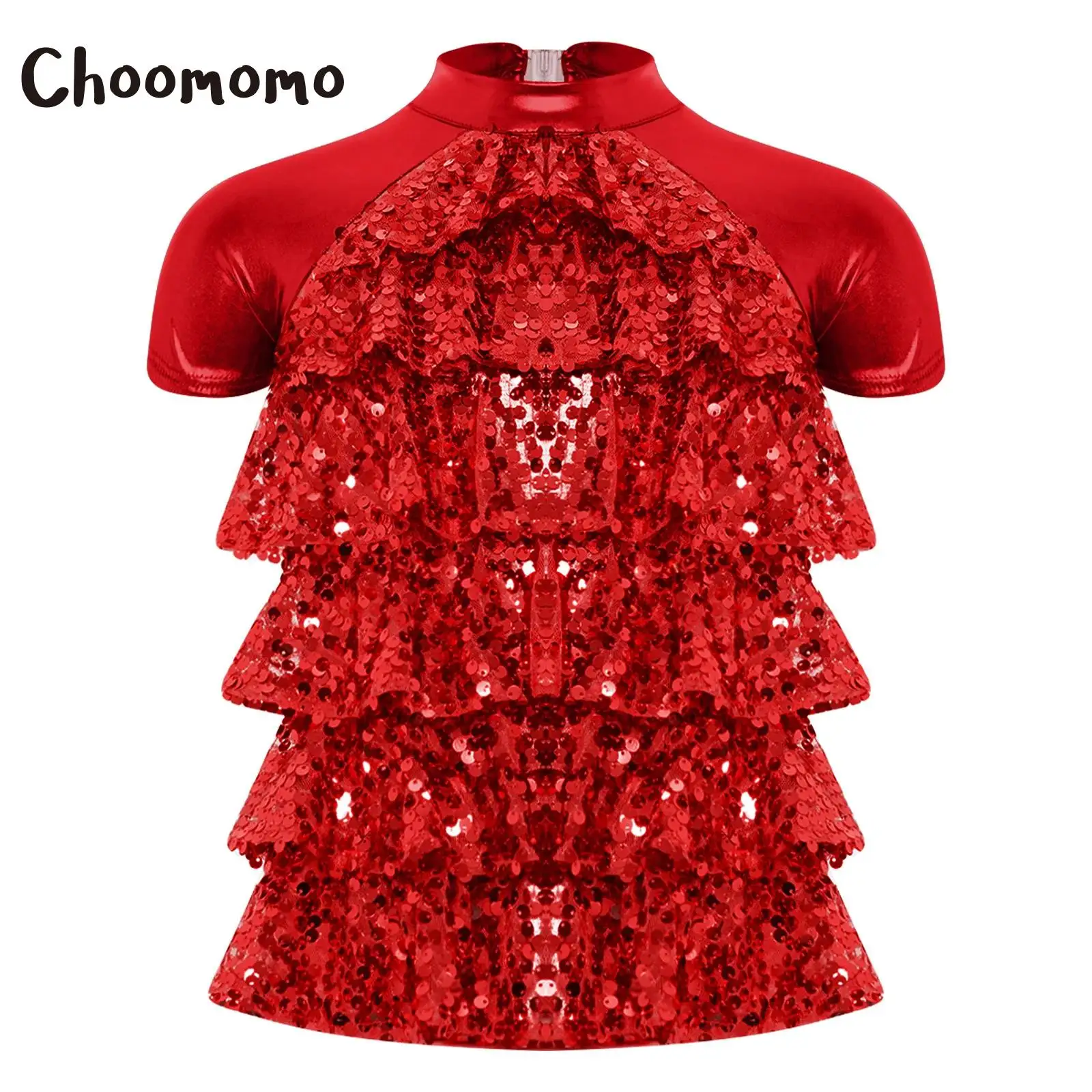 

Girls Glittery Sequins Tiered Ruffles Dance Top Metallic Sequin Mesh Short Sleeve Hip Hop Jazz Latin Dance T-Shirt Dancewear