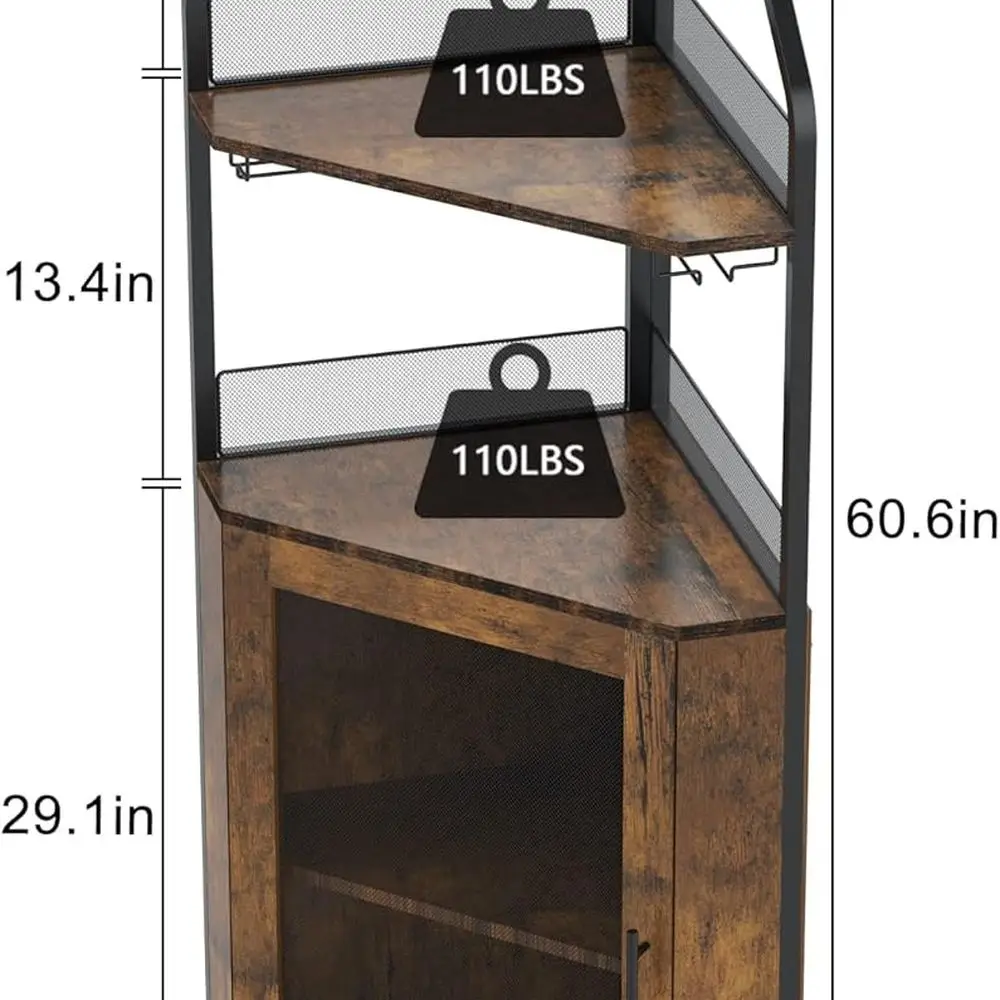 5-Tier Rustic Brown Farmhouse Wine Cabinet with Glass Rack and Barn Door for Home Bar Storage