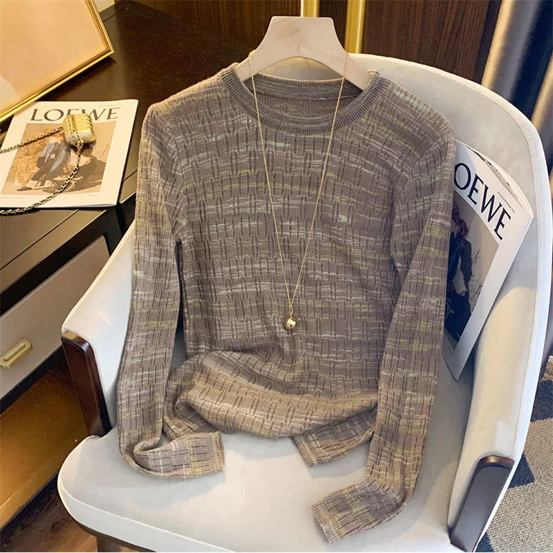 Women's Gradient Striped Knit Top, Crew Neck Long Sleeve Slim Fit Sweater, Textured Casual Base Layer