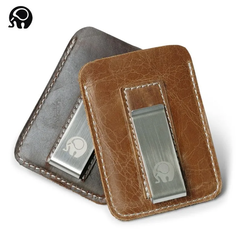 Thin Genuine Leather Money Clip Mini Wallet Men Credit Card Slot Slim Bills Metal Cash Clamp for Man Small Billfold Holder