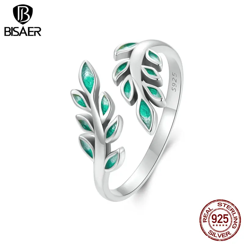 BISAER 925 Sterling Silver Green Leaf Open Enamel Process Band Adjustable Size 5-9 for Women 2024 Chinese Zodiac Fine Jewelry