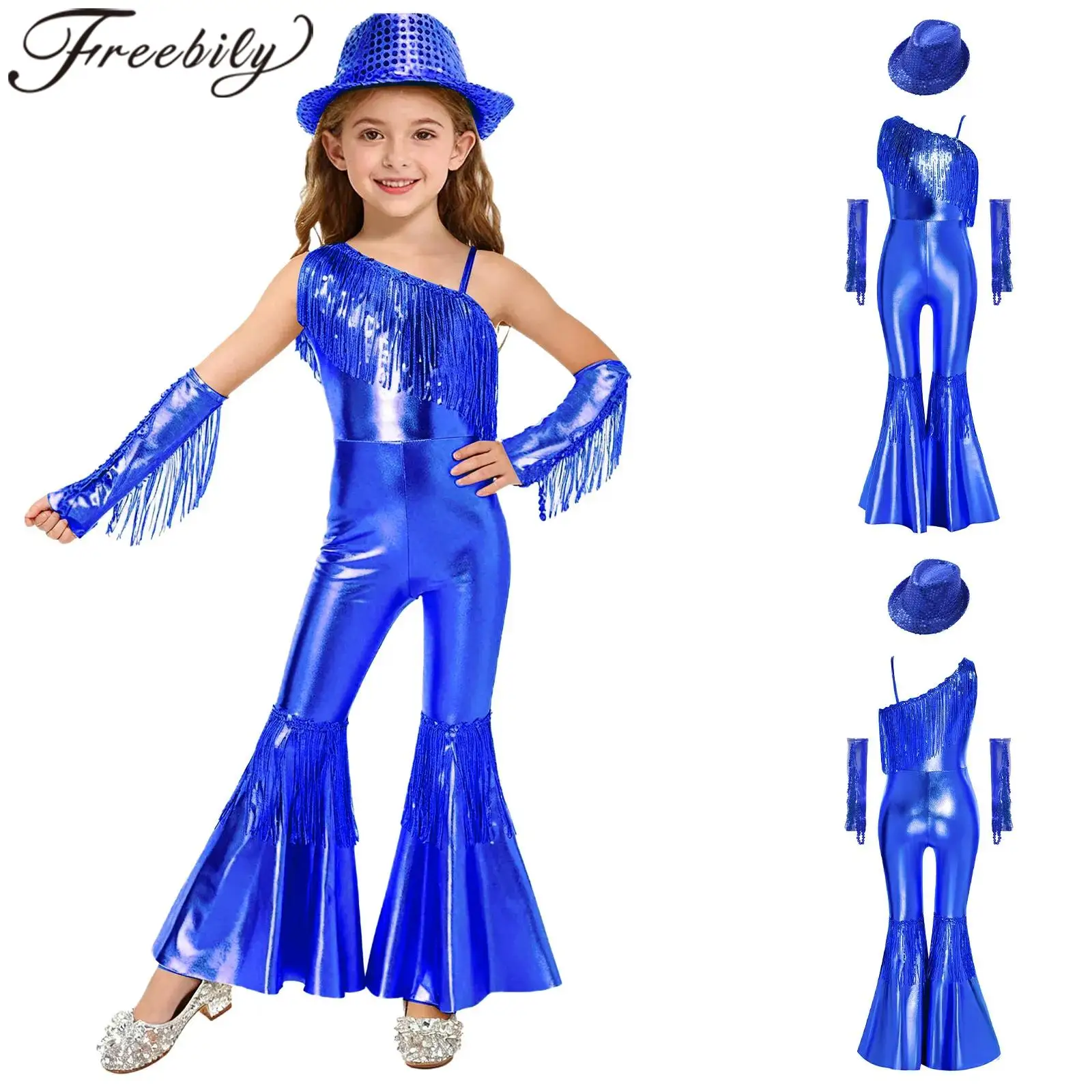 

Girls Pageant 60s Disco Party Outfit Kids Sequins Flares Jazz Dance Costume TasselsOne Shoulder Jumpsuit with Gloves Fedora Hat