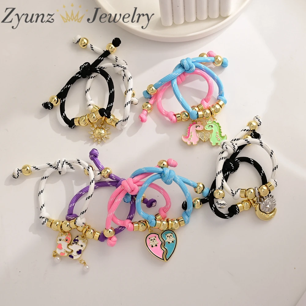 3 Sets (2Pcs/ Set) Gold Heart Cartoon Animal Multicolour Cat Best Friend Bracelet for Girls Fashion Friendship Gifts