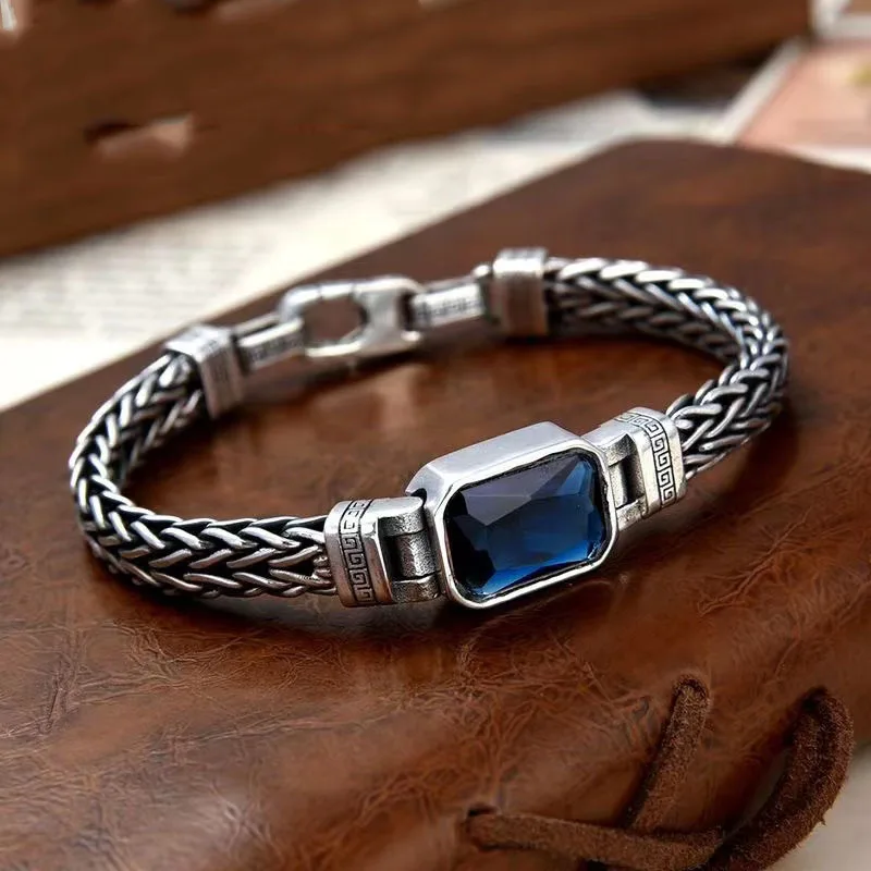 Couple's handmade woven sapphire 925 sterling silver bracelet vintage bangle men's personalized jewelry commemorative gift
