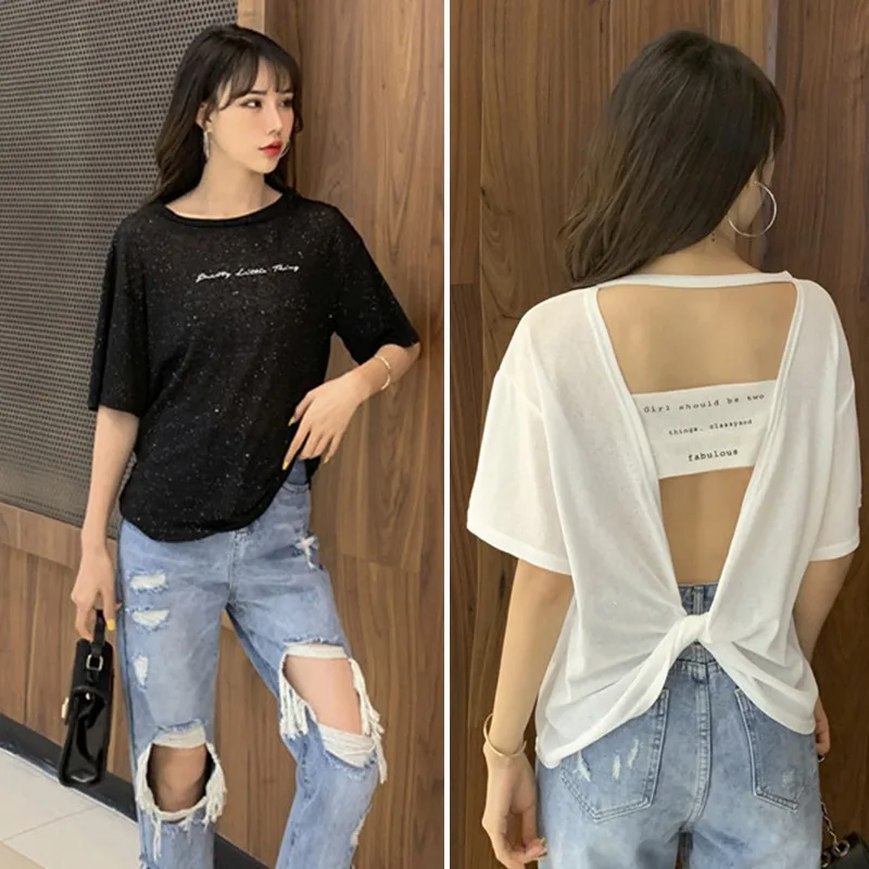 Women\'s T-Shirt Casual Shiny Round Neck Letter Print Short Sleeve Loose Pullover Simple Backless Top