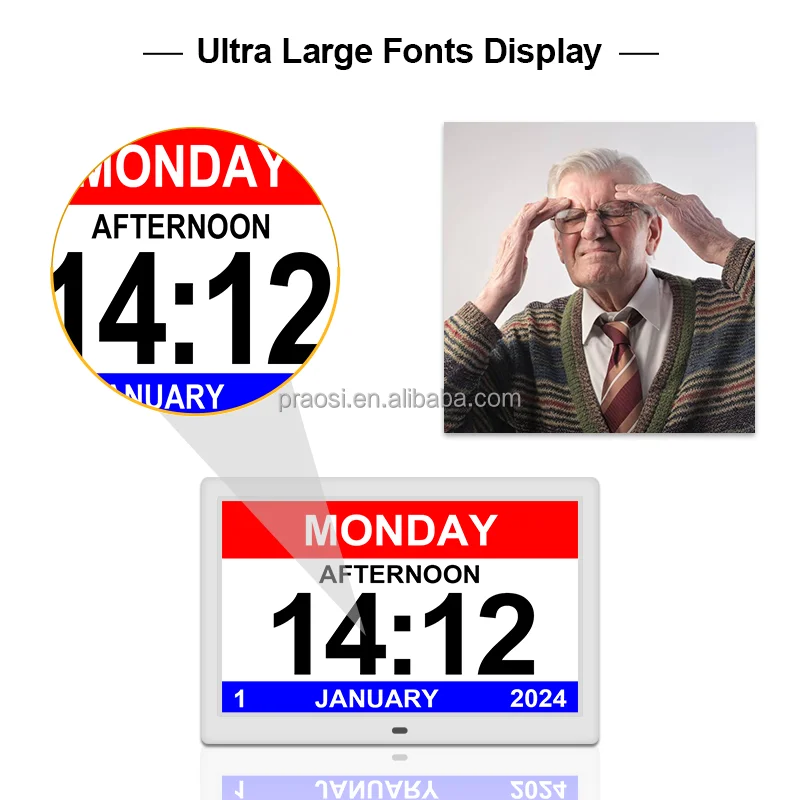 10-Inch Extra Large Letters Digital Dementia Calendar Time Clock 40+ Alarms Electronic Mobile Phone App for Seniors Elderly