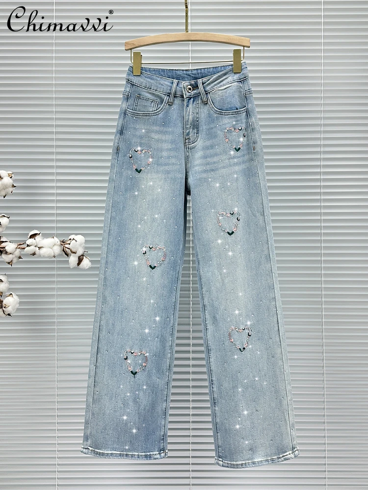 

Heavy Hot Diamond Embroidered Denim Pants Women's 2025 Summer New Fashion High Waist Loose Temperament Thin Wide Leg Pants