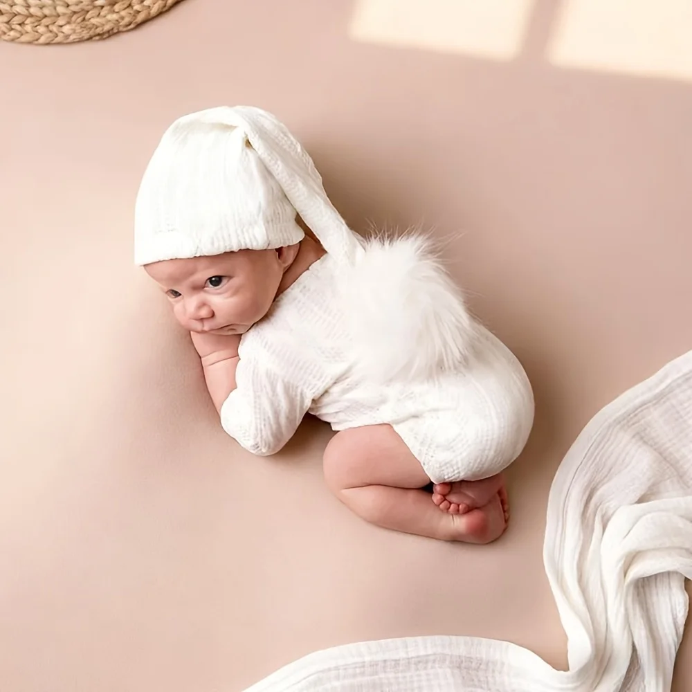 新生児写真撮影小道具ロンパースロングテールハットセットソフトニットベビージャンプスーツ衣装幼児写真撮影肌に優しいコスチューム