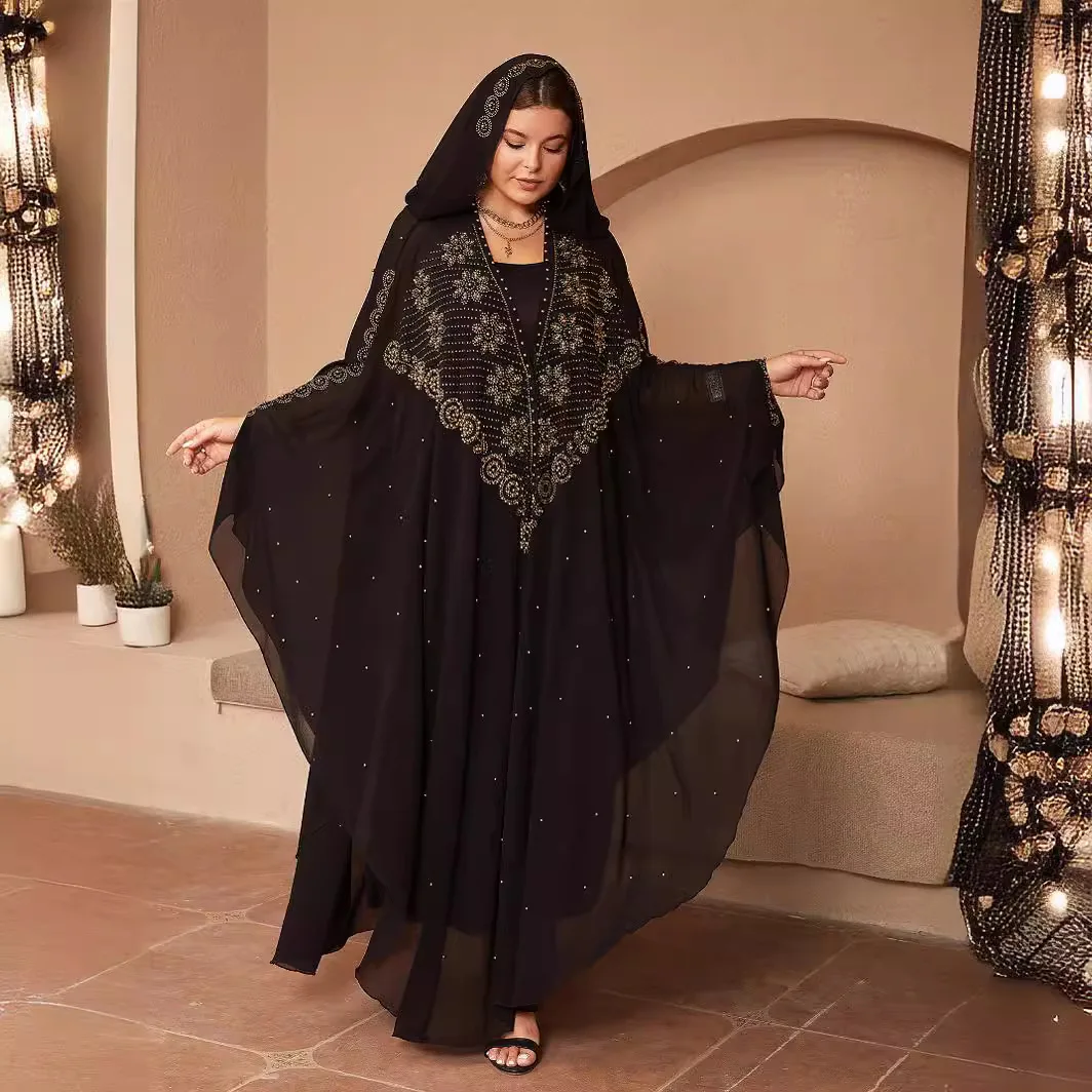 Women's Bat Sleeves Hot Drilled Beaded Hooded Classic Loose Robe High Density Chiffon