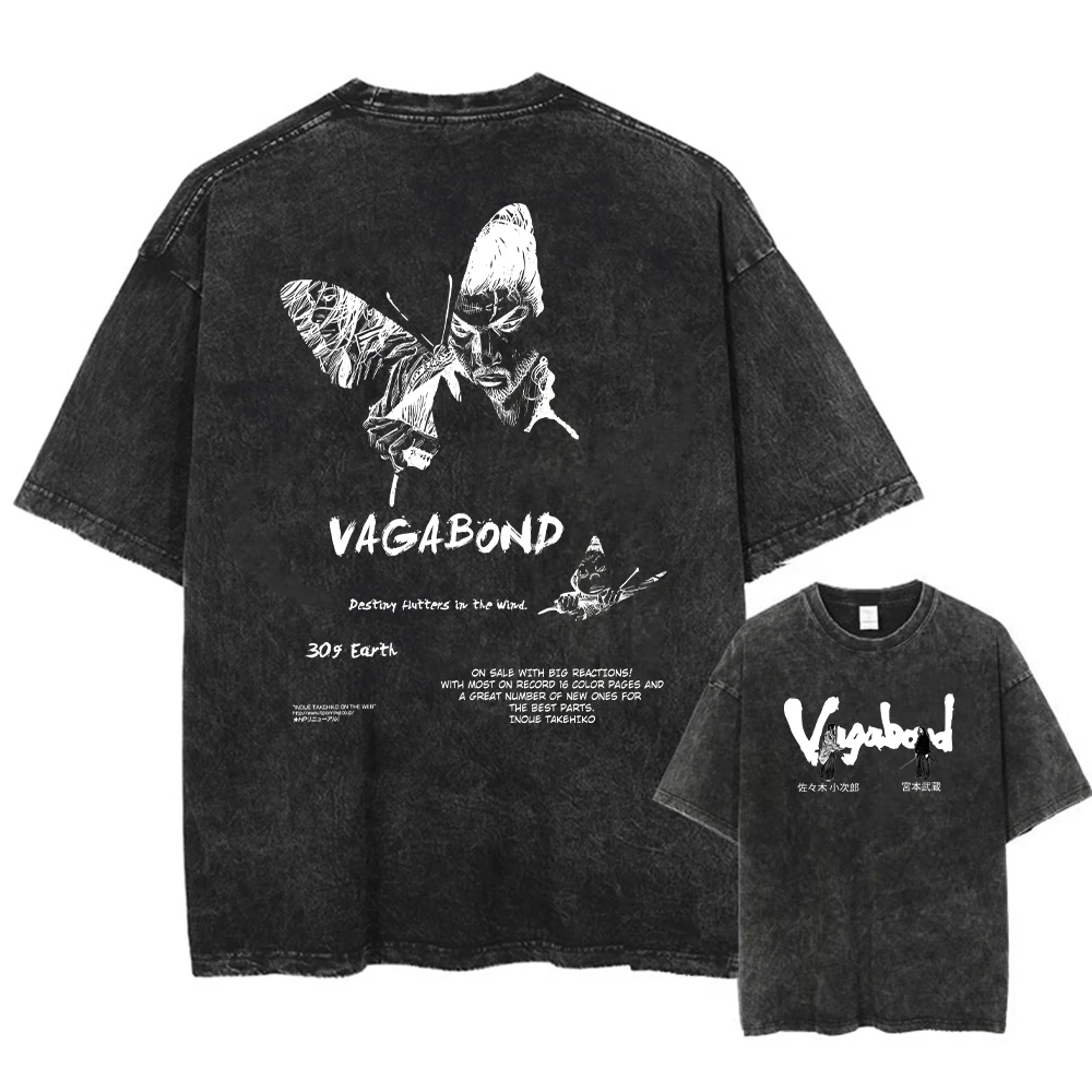 Camiseta lavada con gráfico fresco de Anime Vagabond Miyamoto Musashi, camisetas de algodón Vintage para hombre, camiseta cómoda de Manga Harajuku para hombre