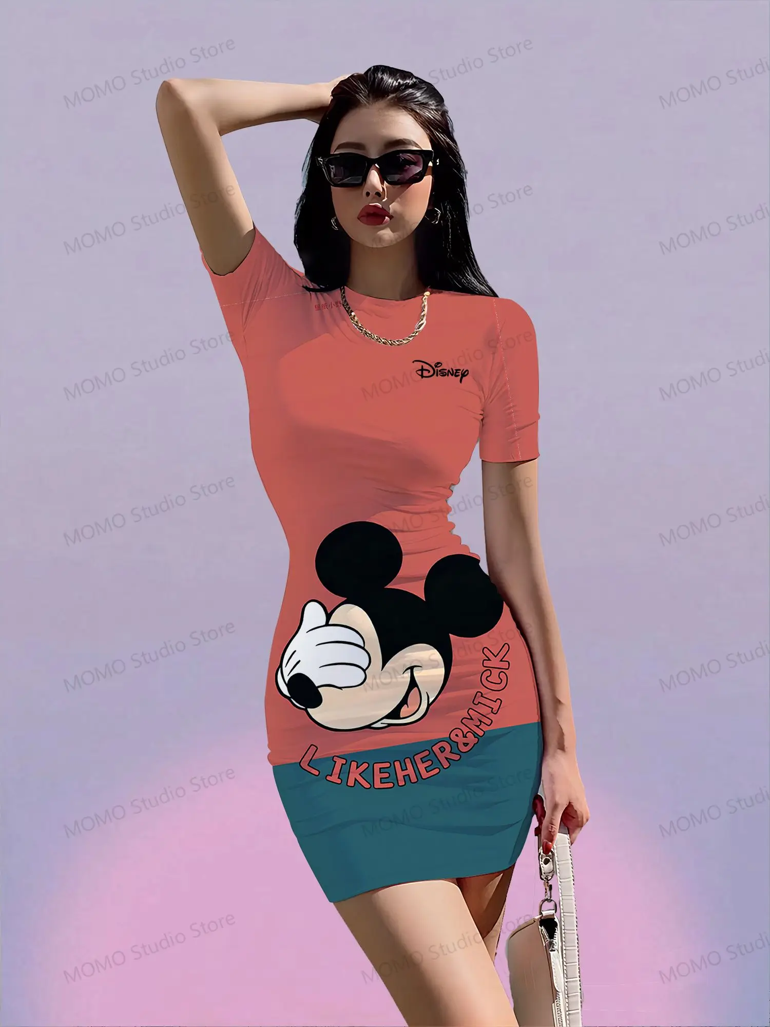 

Kawaii Women's Short Sleeve Hip Dress Disney Mickey Mouse S-3XL 2024 Summer Y2k Young Girls Dresses O Neck Fashion New Elegant