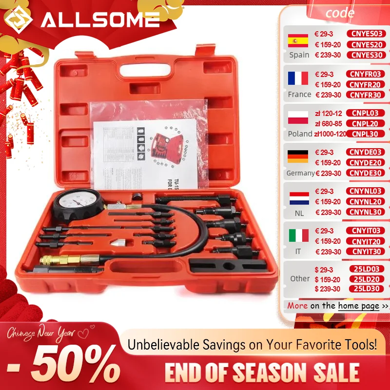 ALLSOME Professional Diesel Engine Cylinder Compression Tester Tool Kit Set Pressure Gauge Tester Kit Set TU-15B Detection Table