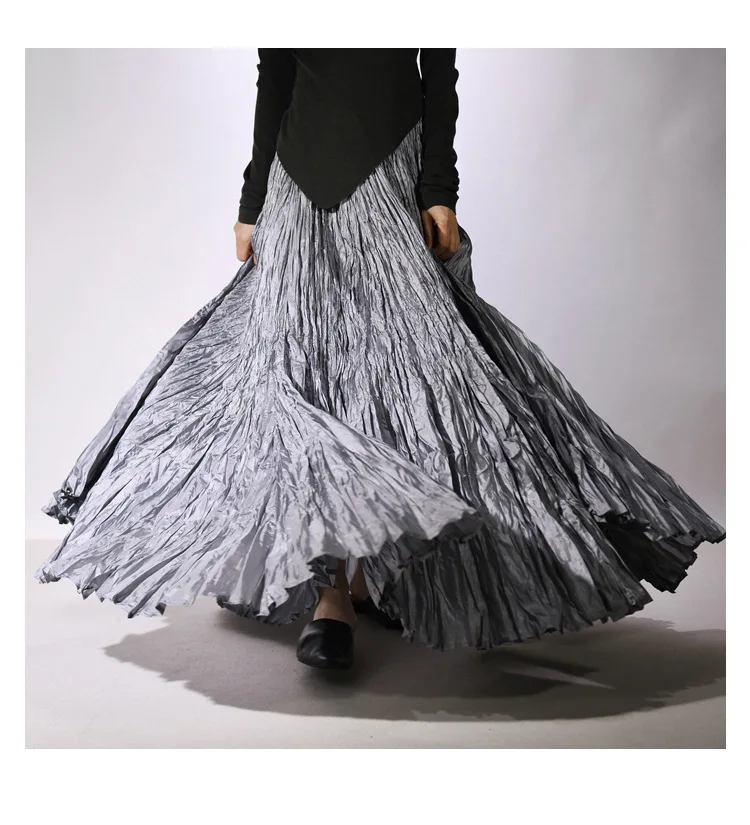 High Quality Women Spring Long Skirts Wide Hem Pleated Design High Waist A-Line Dance Maxi Skirts Faldas Femme Streetwear