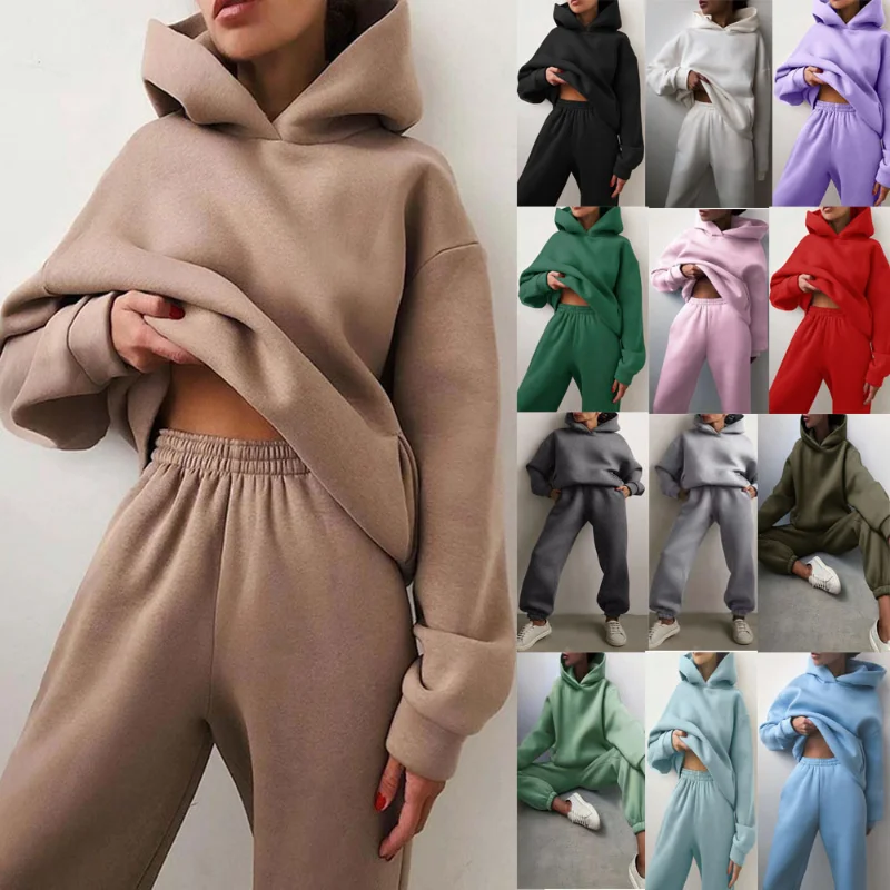 Speing Autumn Thick Hooded Homewear Suit Women Fashion Solid Long Sleeve Pocket Hoodie High Waist Drawstring Pant Loose Top Set