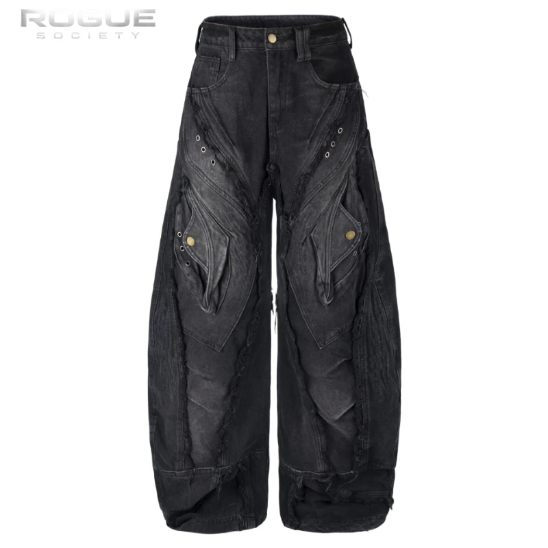 

Y2K Grunge Dark Distressed Cargo Jeans Men Streetwear Wide Leg Denim Pants Rough Edge Patchwork Pockets Harajuku Trousers Unisex