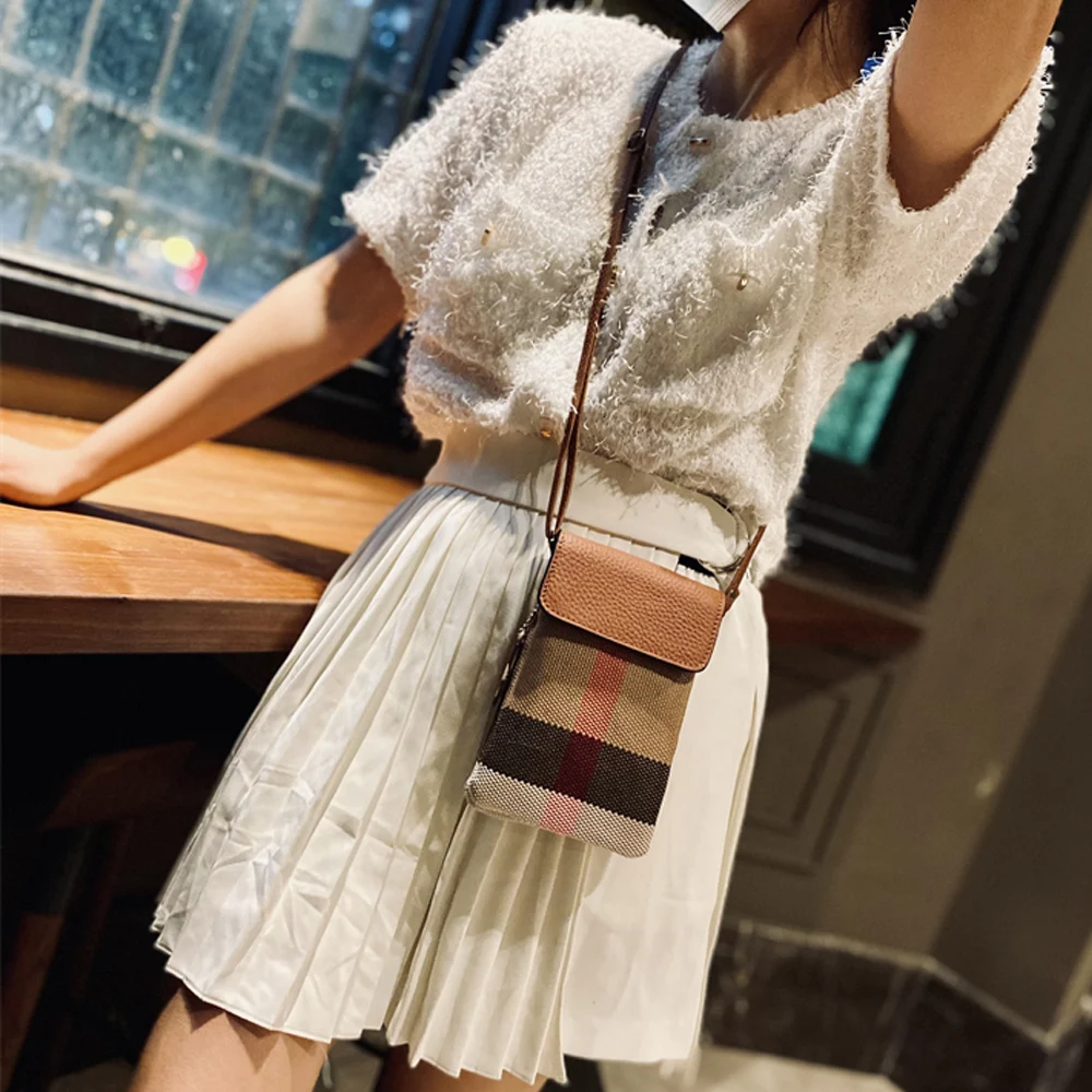 Luxury Small Canvas Crossbody Bag For Women Retro Genuine Leather Flap Mobile Phone Purse And Handbag Classic Plaid Female Bag