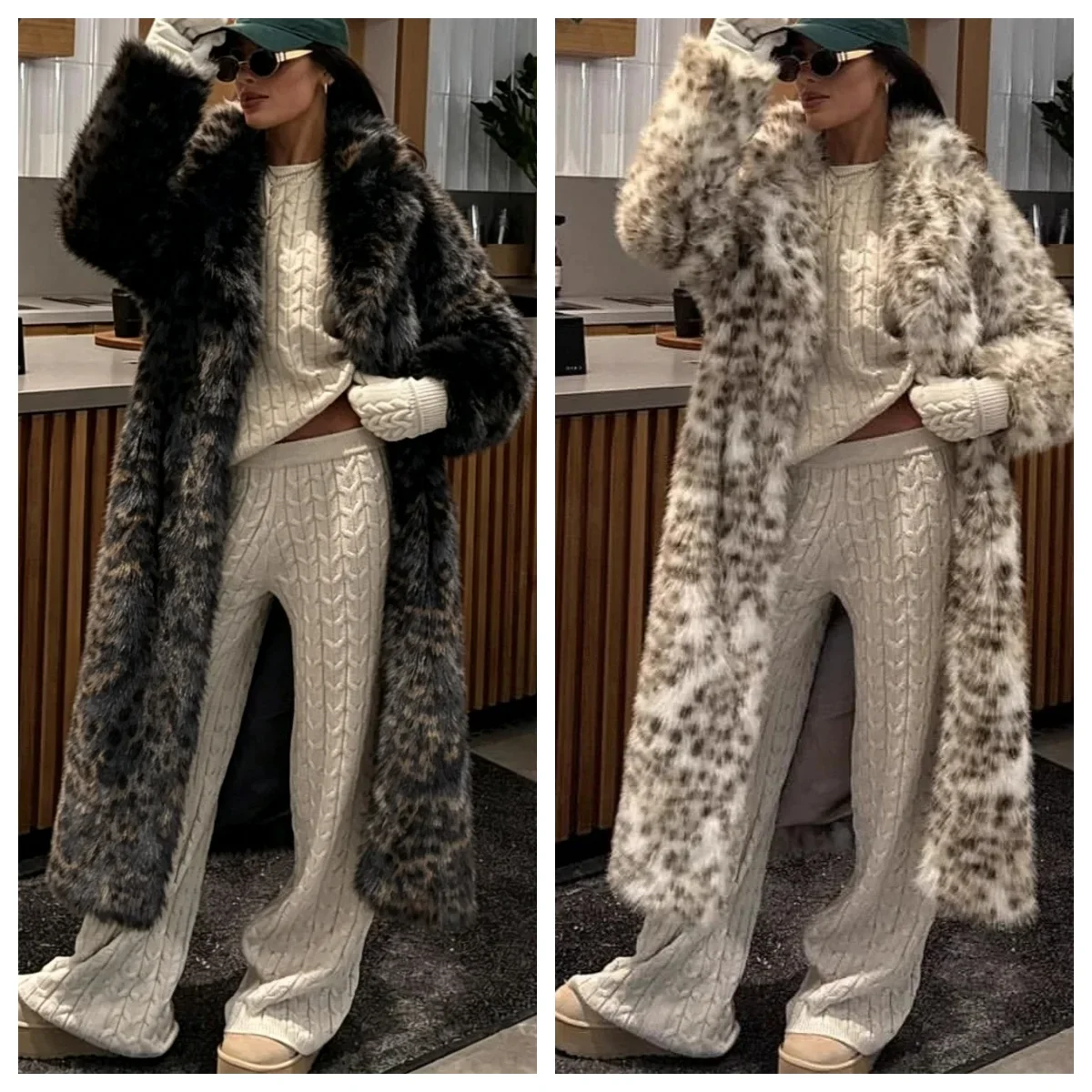 Leopard Faux Fur Coat Women Long Overcoat Turn Down Collar Full Sleeve Open Stitch Thick Loose Elegant Jacket Autumn Winter