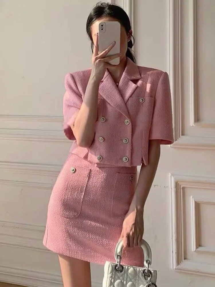 Small Fragrance Suit Female 2022 Summer New Star Temperament Suit Short-Sleeved Jacket + High Waist Hip Wrap Skirt Two-Piece Set