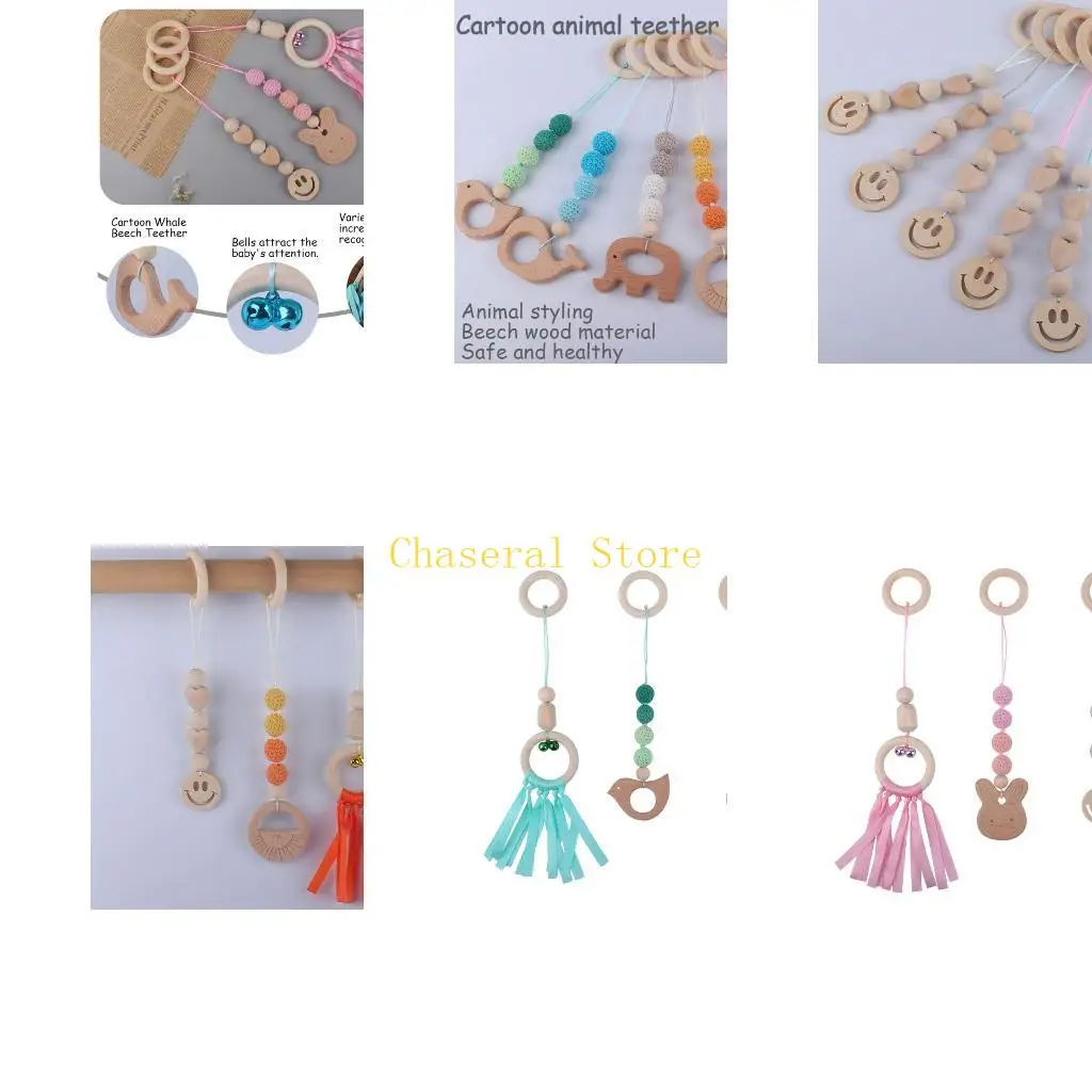 E7CE 3 Pcs/Set Baby Gym Frame Pendants Beech Wooden Ring Knit Beads Teether Stroller Rattle Infants Newborn Teething Nursing