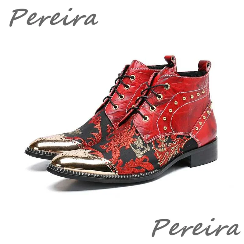 

Red Patchwork Lace-Up Men Boots Metal Round Toe Rivets Genuine Leather Chelsea Boots Fashion Party Banquet Wedding Dress Shoes