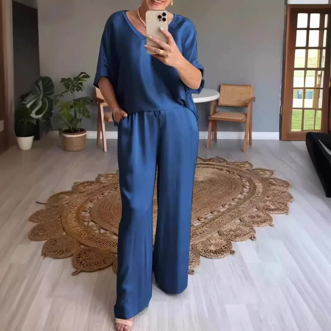 

Summer Short-sleeved T-shirt Two-piece Solid Color V-neck Top Pullover Wide-leg Pants Suit For Women Spring Loose Satin Suit